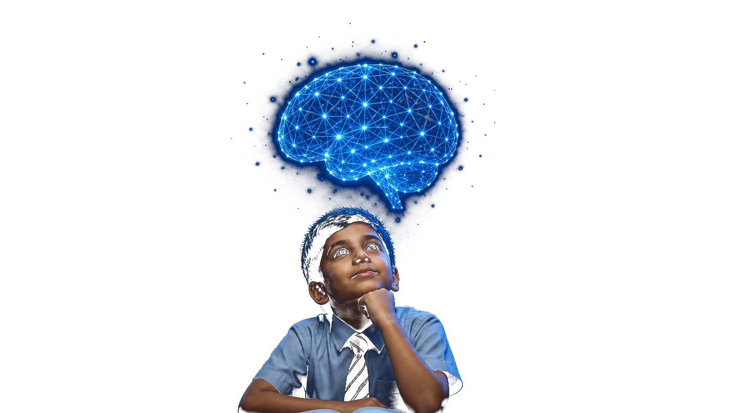 Child thinking, with a glowing neural network brain above him